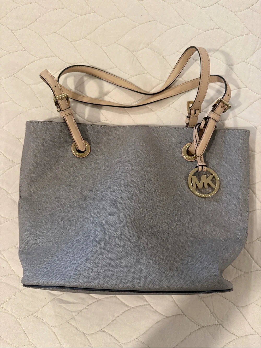 Michael Kors Grey Tote with Tan Handles and Gold MK Charm